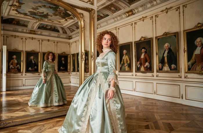 Jeune femme portant une robe de cour française du XVIIIe siècle reconstituée dans une galerie de château illustrant l'histoire de la mode