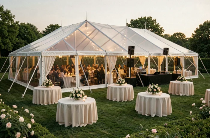 Salle de réception de mariage luxueuse en plein air avec scène et système sonore professionnel prête pour une performance musicale en live