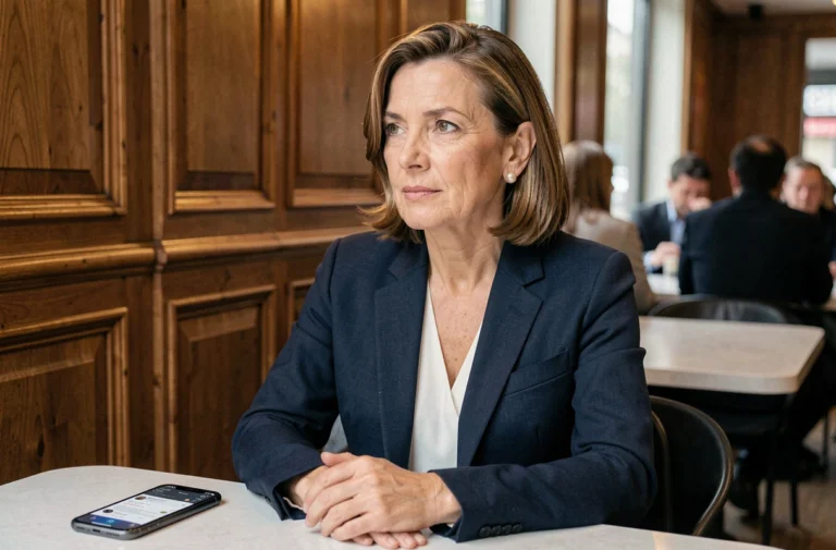 Femme élégante dans un café parisien consultant son téléphone, illustrant la curiosité du public pour les personnalités médiatiques et leurs conjoints