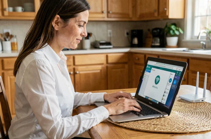 Femme en télétravail sécurisant son poste personnel pour un accès nomade fiable