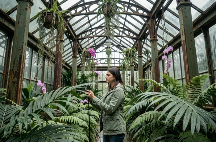 Jeune femme photographiant l'intérieur d'une serre victorienne tropicale avec fougères et orchidées