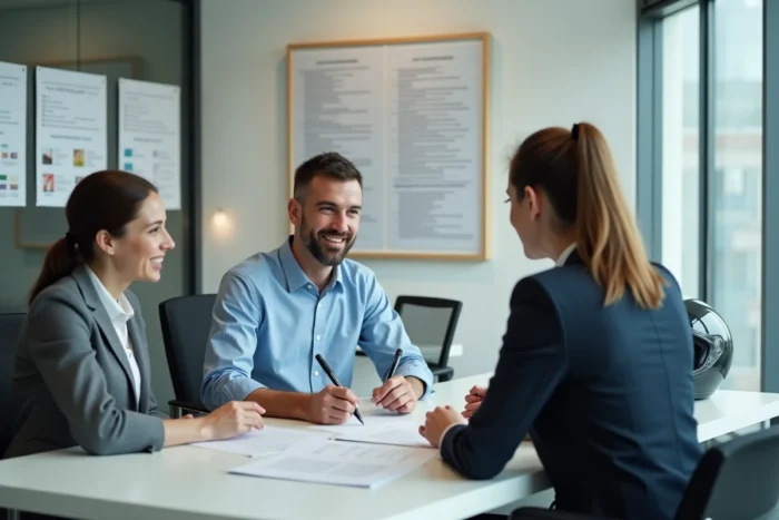 Couple signant un nouveau contrat d'assurance moto dans une agence avec un conseiller