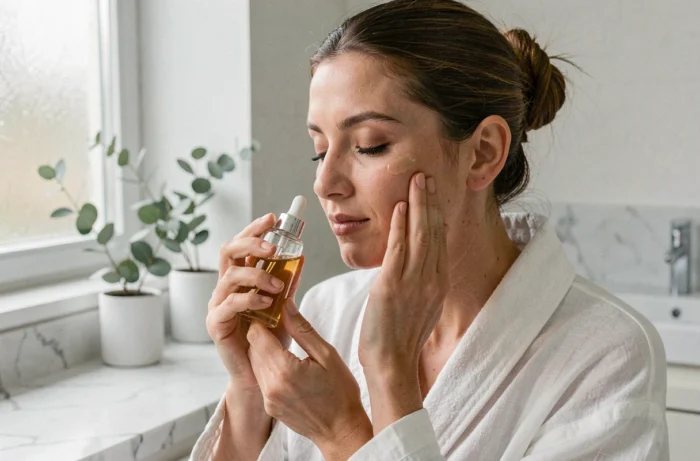 Femme appliquant un sérum visage de luxe dans une salle de bain minimaliste, comparaison soins Nuxe et Caudalie
