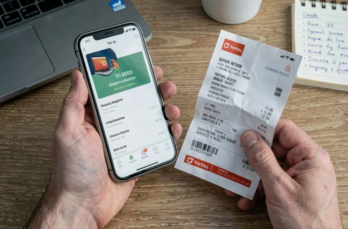 Mains tenant un reçu Total et un smartphone affichant une application bancaire pour suivre le remboursement d'une caution