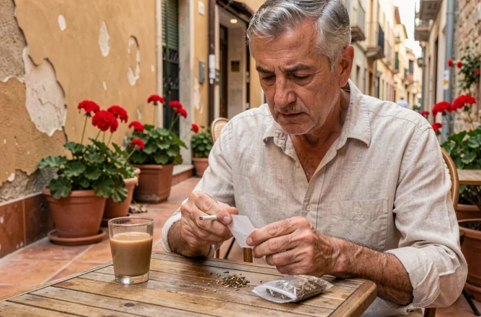 Homme espagnol roulant une cigarette avec du tabac à rouler sur une terrasse de café à Barcelone
