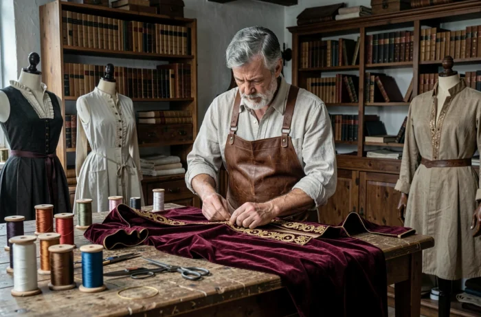 Tailleur artisan cousant un pourpoint Renaissance en velours bordeaux dans un atelier historique représentant l'évolution de la mode
