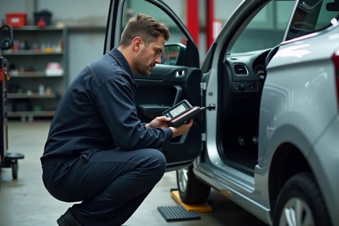 Technicien automobile diagnostiquant le voyant EPC sur une Volkswagen Polo avec un scanner OBD2 dans un garage professionnel