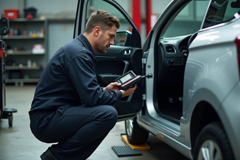Technicien automobile diagnostiquant le voyant EPC sur une Volkswagen Polo avec un scanner OBD2 dans un garage professionnel