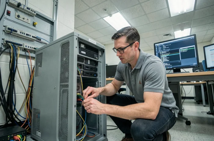 Technicien informatique diagnostiquant un problème réseau sur la messagerie académique de Nantes dans une salle serveur scolaire