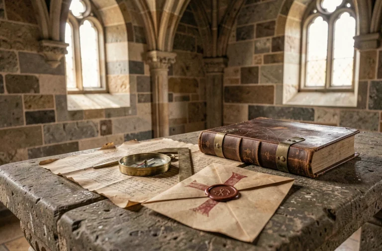 Documents anciens, compas maçonnique et croix templière sur une table en pierre dans une salle capitulaire médiévale