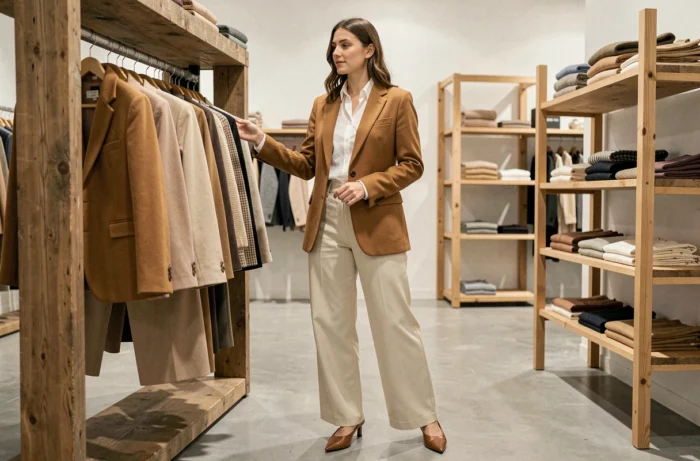 Jeune femme élégante en blazer camel et pantalon large crème dans un concept store parisien minimaliste, tendances mode automne