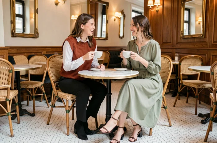 Deux femmes élégamment habillées dans un café parisien, tendances mode automne-hiver avec looks contrastés