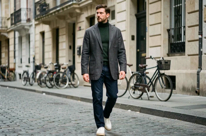 Homme tendance en veste en lin oversize et jean indigo marchant dans une rue pavée européenne, style mode urbain masculin