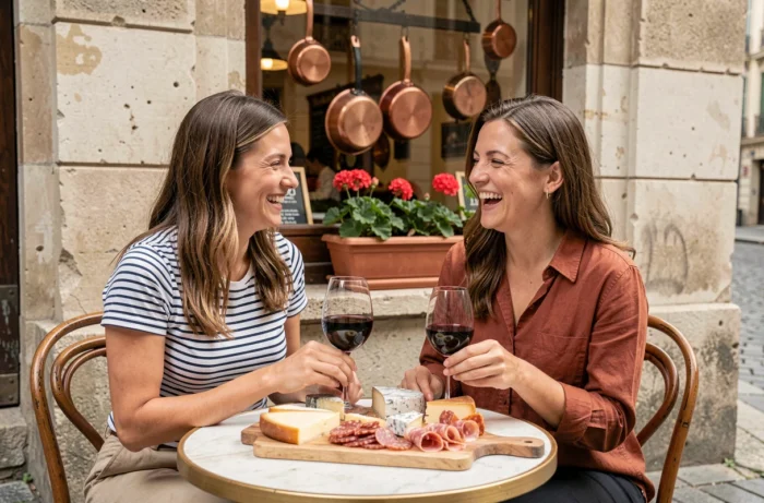 Deux femmes dégustant fromages et vin rouge en terrasse d'un bouchon lyonnais au bord de la Saône