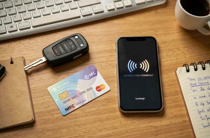 Présentation de différents types de badges d'accès et supports NFC sur un bureau en bois