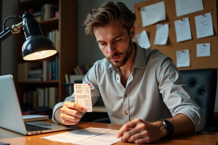 Homme comparant deux billets SP des Vieilles Charrues pour vérifier leur authenticité avec une loupe