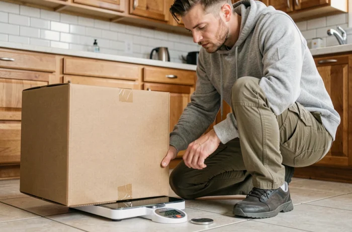 Homme vérifiant le poids d'un grand colis de 40 kg sur une balance dans une cuisine, préparation expédition colis lourd