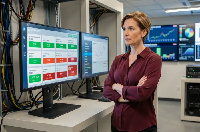 Technicienne consultant un tableau de bord de statut des services informatiques
