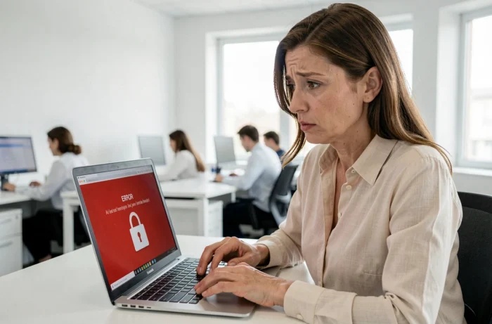 Employée inquiète face à un message de compte verrouillé après tentatives échouées