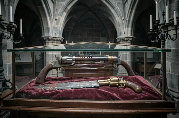 Vitrine de musée gothique présentant des armes de chasseur anciennes inspirées de l'univers de Bloodborne