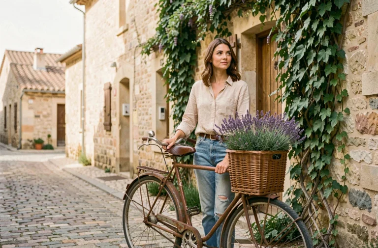 Femme à vélo dans un village provençal avec panier de lavande sur ruelle en pavés