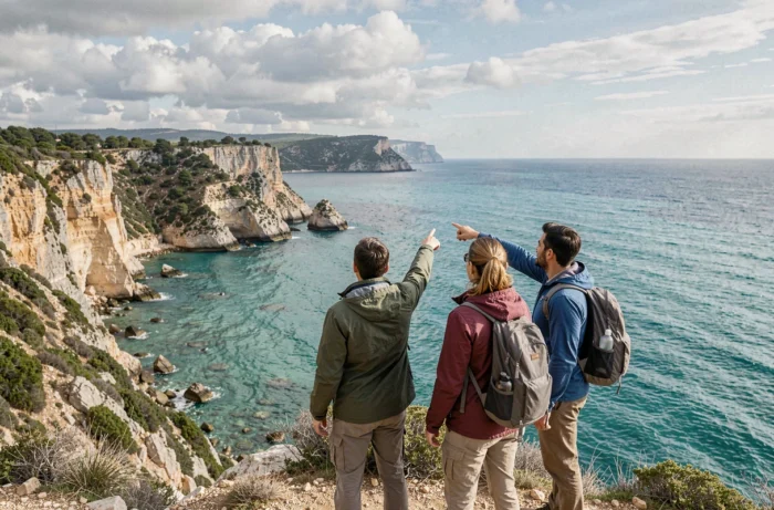 Groupe de voyageurs admirant un panorama côtier spectaculaire depuis un belvédère, actualité touristique internationale