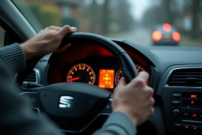 Voyant EPC allumé sur le tableau de bord d'une SEAT Ibiza avec les mains du conducteur sur le volant