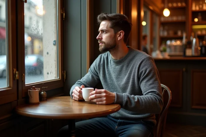 Homme attablé seul dans un café parisien avec une expression introspective, symbolisant la frontière entre personnalité publique et intimité préservée