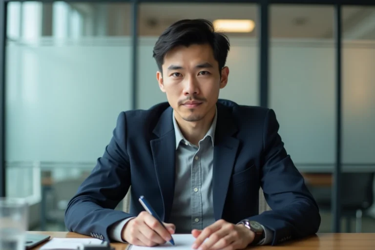 Portrait d'un homme en blazer marine assis à un bureau minimaliste, expression pensive évoquant la discrétion et la vie privée