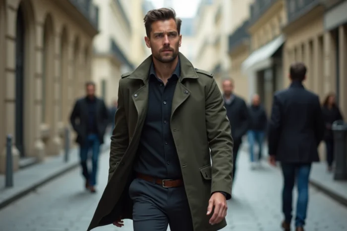 Homme en manteau olive marchant dans une rue parisienne haussmannienne, illustrant la curiosité médiatique et la quête d'anonymat