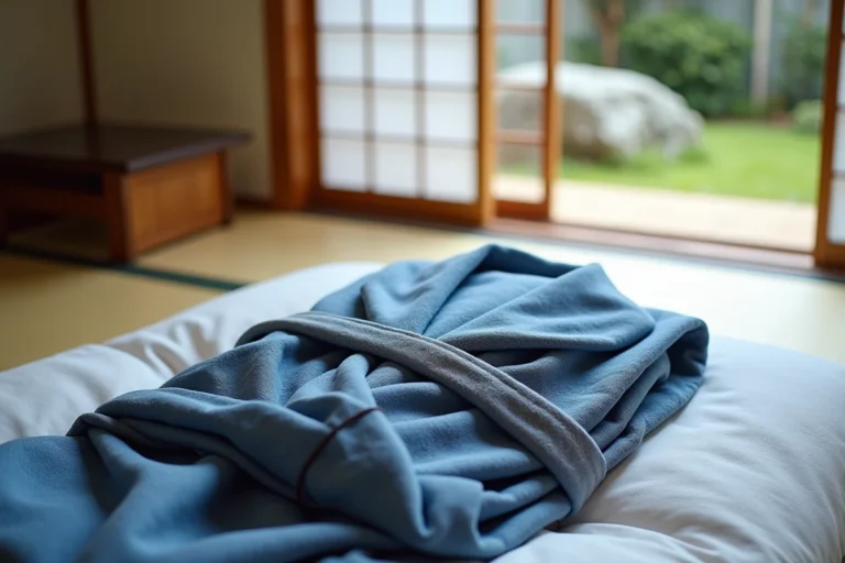 Yukata traditionnel plié sur un lit de ryokan japonais avec tatami et portes shoji en arrière-plan